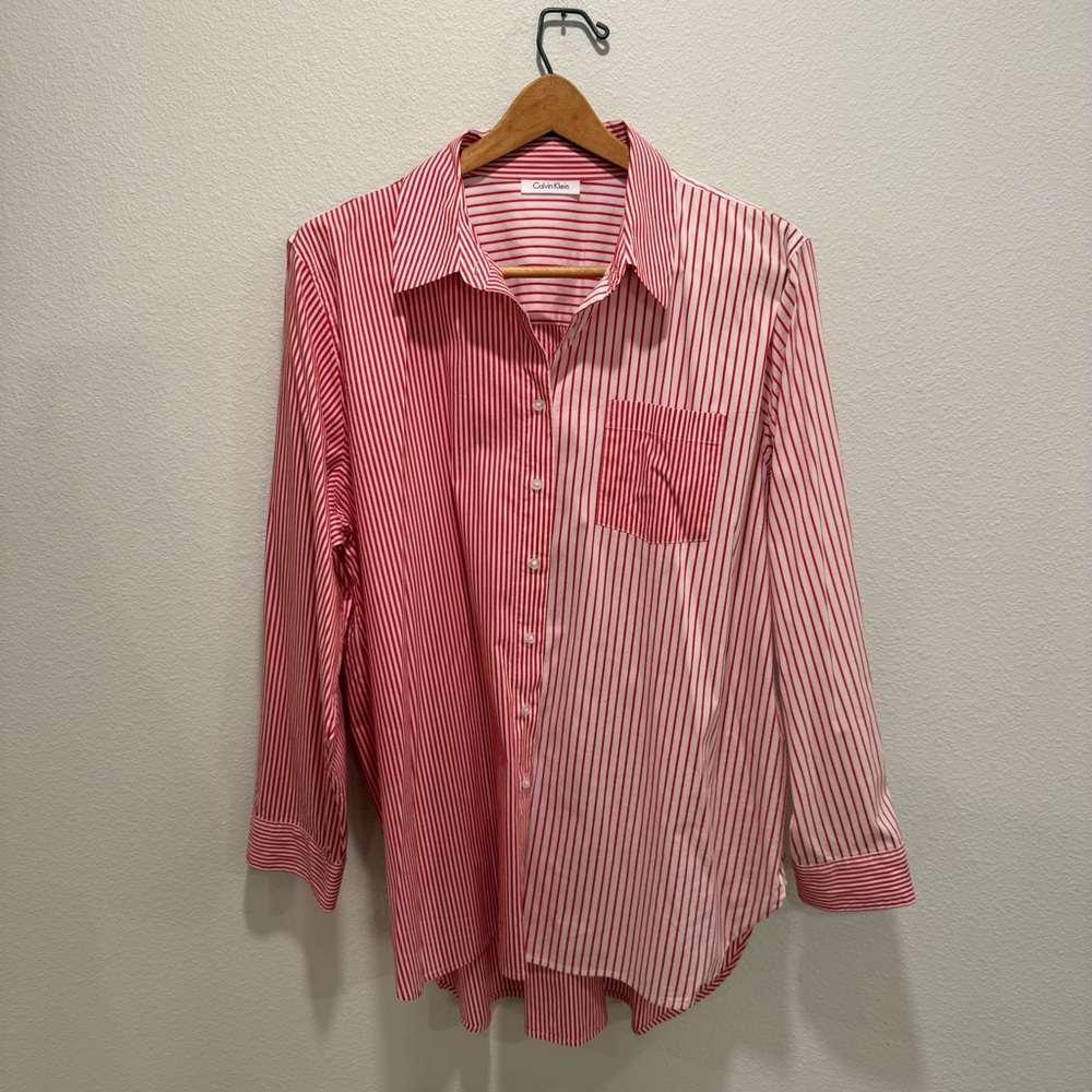 Vintage Calvin Klein Red & White Vertical Stripe Long Sleeve Button Up Size L